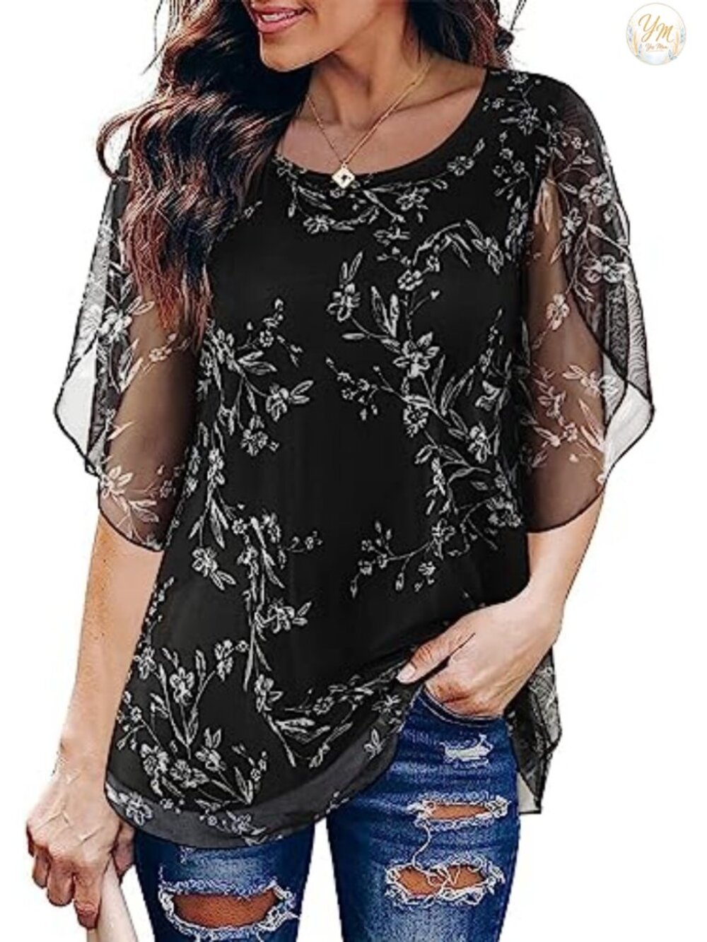 Ruffle 3/4 Sleeve Mesh Blouse Loose Flowy Top Stretchy Shirt